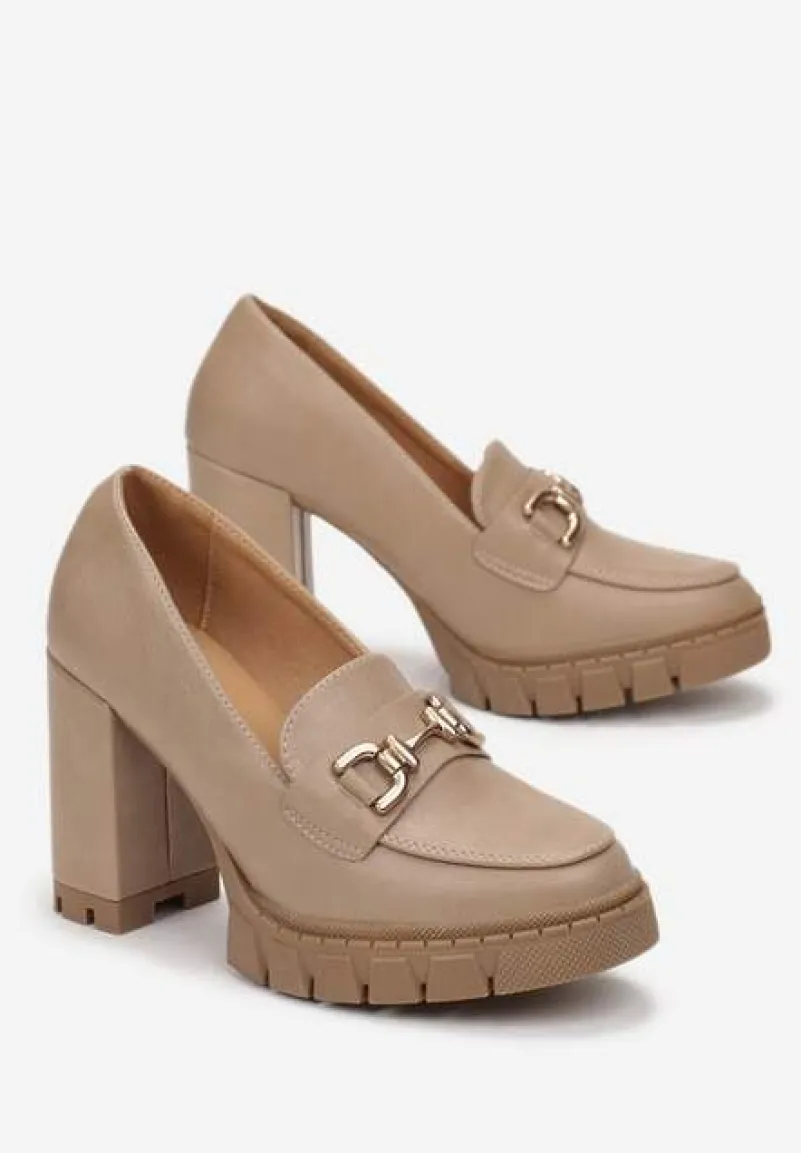 Ciemnobeżowe Półbuty z Metalową Aplikacją na Kwadratowym Wysokim Słupku i Platformie Viama