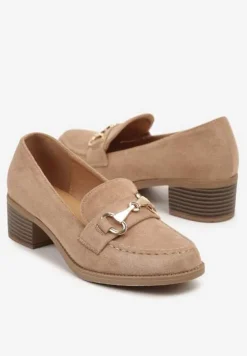 Ciemnobeżowe Półbuty z Ozdobną Klamerką na Słupku Imalta