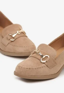 Ciemnobeżowe Półbuty z Ozdobną Klamerką na Słupku Imalta