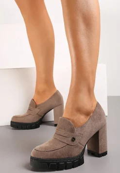 Ciemnobeżowe Półbuty z Wkładką z Naturalnej Skóry na Obcasie i Platformie Ophirra