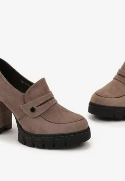 Ciemnobeżowe Półbuty z Wkładką z Naturalnej Skóry na Obcasie i Platformie Ophirra