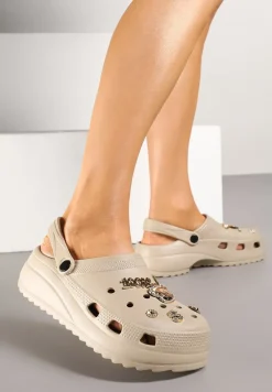 Ciemnobeżowe Piankowe Klapki Chodaki Ozdobione Przypinkami Sanilva