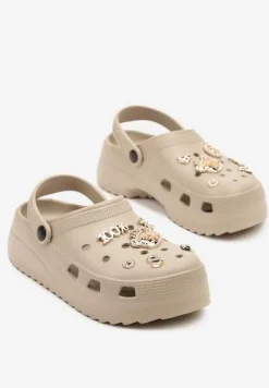 Ciemnobeżowe Piankowe Klapki Chodaki Ozdobione Przypinkami Sanilva