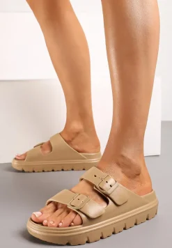 Ciemnobeżowe Piankowe Klapki z Regulacją na Klamerki Sathira