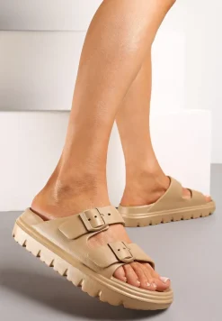 Ciemnobeżowe Piankowe Klapki z Regulacją na Klamerki Sathira