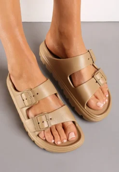 Ciemnobeżowe Piankowe Klapki z Regulacją na Klamerki Sathira