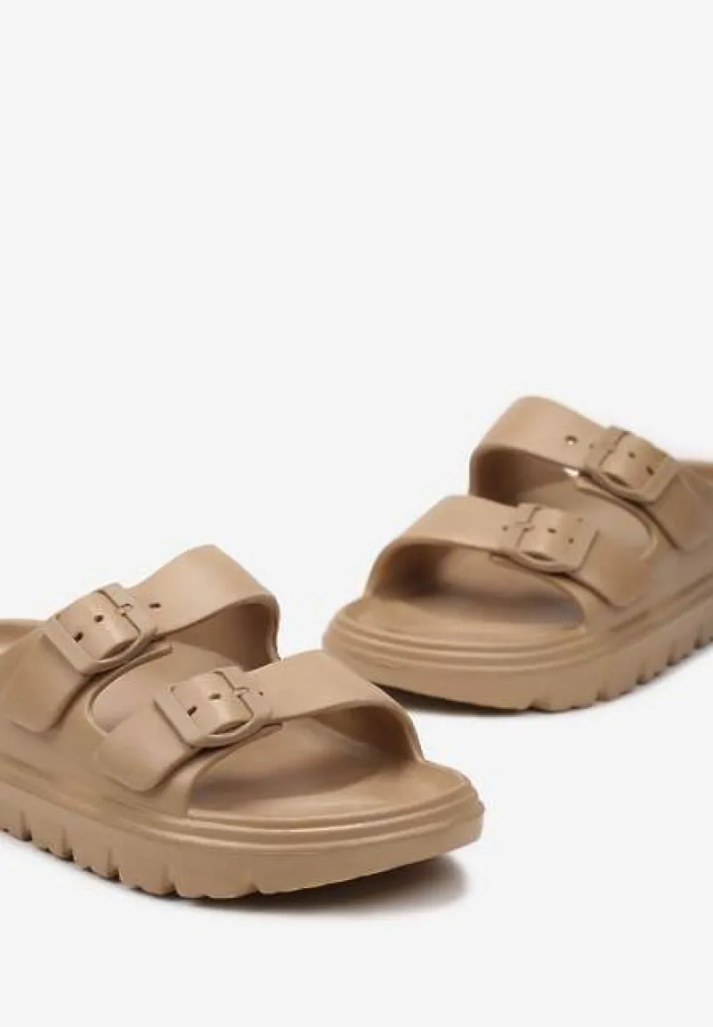 Ciemnobeżowe Piankowe Klapki z Regulacją na Klamerki Sathira