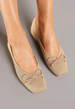 Ciemnobeżowe Plecione Balerinki na Płaskiej Podeszwie z Kokardą Felarine