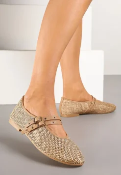 Ciemnobeżowe Plecione Balerinki Mary Jane na Płaskiej Podeszwie Firmi