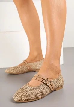 Ciemnobeżowe Plecione Balerinki Mary Jane na Płaskiej Podeszwie Firmi