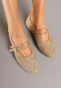 Ciemnobeżowe Plecione Balerinki Mary Jane na Płaskiej Podeszwie Firmi