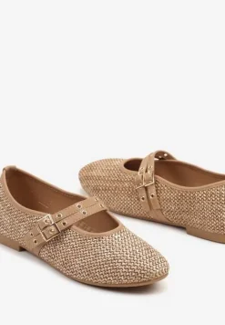 Ciemnobeżowe Plecione Balerinki Mary Jane na Płaskiej Podeszwie Firmi