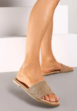 Ciemnobeżowe Plecione Klapki na Płaskiej Podeszwie w Stylu Boho Evielle