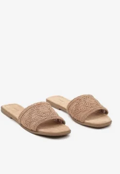 Ciemnobeżowe Plecione Klapki na Płaskiej Podeszwie w Stylu Boho Evielle