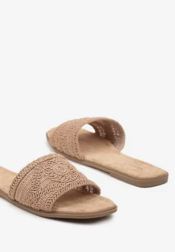 Ciemnobeżowe Plecione Klapki na Płaskiej Podeszwie w Stylu Boho Evielle