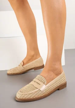 Ciemnobeżowe Plecione Mokasyny na Płaskiej Podeszwie Ariviera