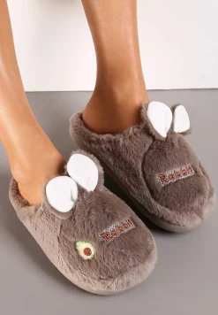 Ciemnobeżowe Pluszowe Kapcie z Królikiem Heas