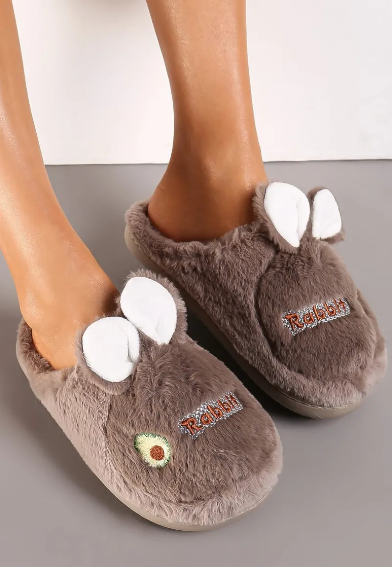 Ciemnobeżowe Pluszowe Kapcie z Królikiem Heas