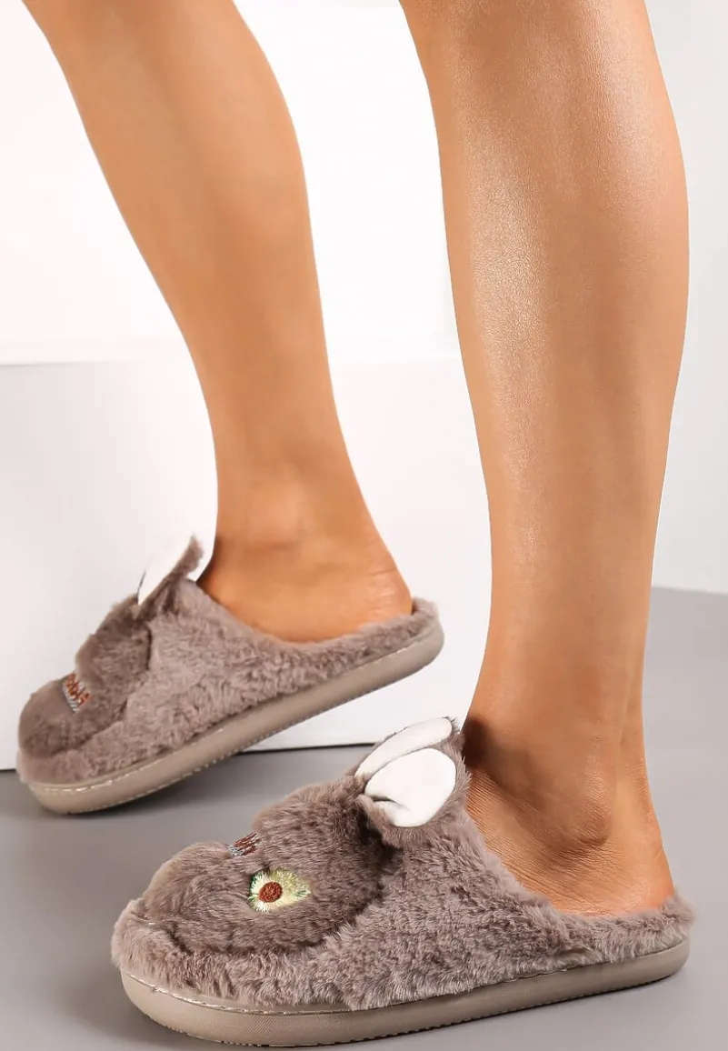 Ciemnobeżowe Pluszowe Kapcie z Królikiem Heas