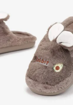 Ciemnobeżowe Pluszowe Kapcie z Królikiem Heas