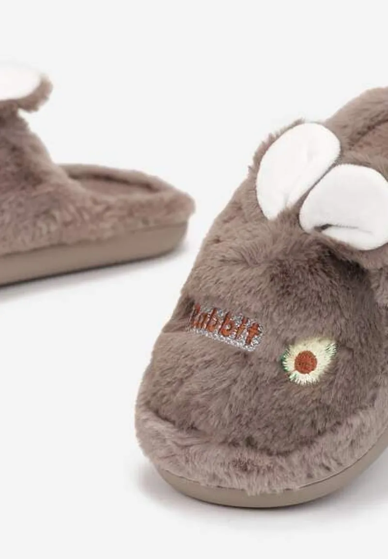 Ciemnobeżowe Pluszowe Kapcie z Królikiem Heas