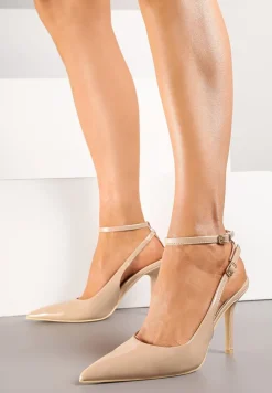 Ciemnobeżowe Sandały Lakierowane Vices na Szpilce Typu Slingback Dolenita