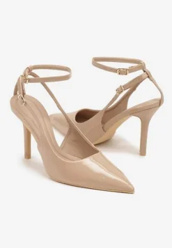 Ciemnobeżowe Sandały Lakierowane Vices na Szpilce Typu Slingback Dolenita