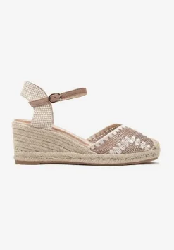 Ciemnobeżowe Sandały na Koturnie Ozdobione Plecionką Mleffia