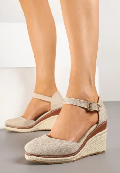 Ciemnobeżowe Sandały na Koturnie z Plecionką w Stylu Espadryli Alathria