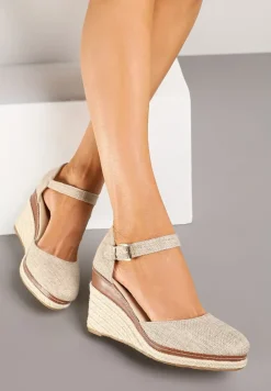 Ciemnobeżowe Sandały na Koturnie z Plecionką w Stylu Espadryli Alathria