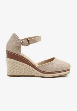 Ciemnobeżowe Sandały na Koturnie z Plecionką w Stylu Espadryli Alathria