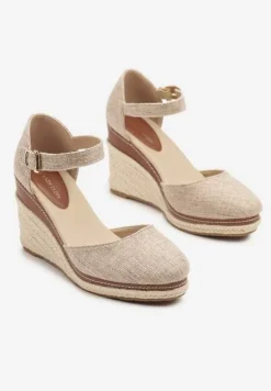 Ciemnobeżowe Sandały na Koturnie z Plecionką w Stylu Espadryli Alathria