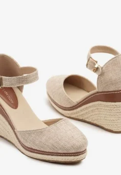 Ciemnobeżowe Sandały na Koturnie z Plecionką w Stylu Espadryli Alathria