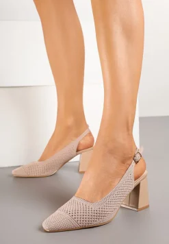 Ciemnobeżowe Sandały na Słupku Typu Slingback z Ażurową Cholewką Morivira