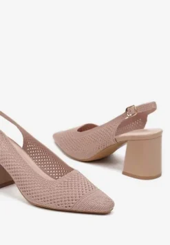 Ciemnobeżowe Sandały na Słupku Typu Slingback z Ażurową Cholewką Morivira