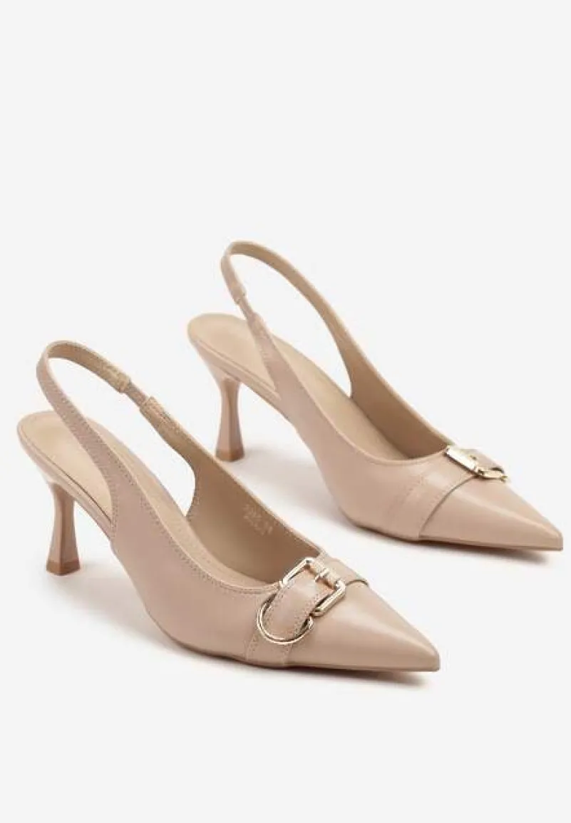 Ciemnobeżowe Sandały na Szpilce Slingback Ozdobione Metaliczną Klamrą Zeornna