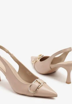 Ciemnobeżowe Sandały na Szpilce Slingback Ozdobione Metaliczną Klamrą Zeornna