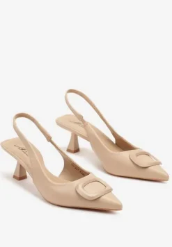 Ciemnobeżowe Sandały na Szpilce Kaczuszce Slingback z Geometryczną Aplikacją Melanoriel