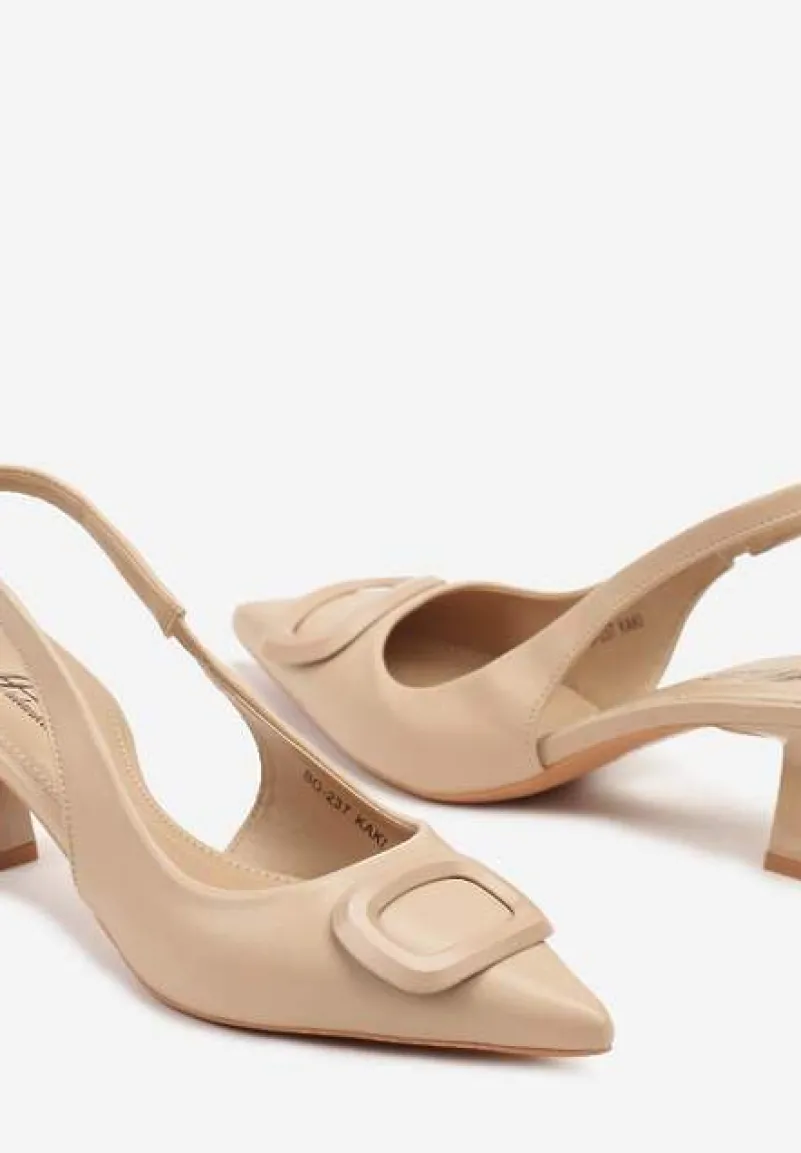 Ciemnobeżowe Sandały na Szpilce Kaczuszce Slingback z Geometryczną Aplikacją Melanoriel