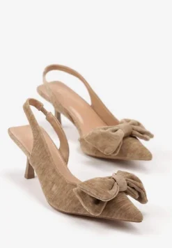 Ciemnobeżowe Sandały na Szpilce Slingback z Kokardą Sunaiel