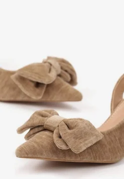 Ciemnobeżowe Sandały na Szpilce Slingback z Kokardą Sunaiel