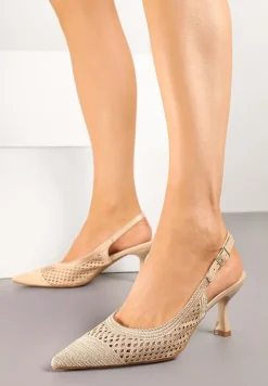 Ciemnobeżowe Sandały Slingback na Klepsydrze z Szydełkową Cholewką i Noskiem w Szpic Mairita