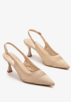 Ciemnobeżowe Sandały Slingback na Klepsydrze z Szydełkową Cholewką i Noskiem w Szpic Mairita