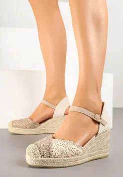 Ciemnobeżowe Sandały Typu Espadryle na Koturnie z Plecionki Annivane
