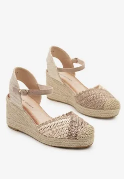 Ciemnobeżowe Sandały Typu Espadryle na Koturnie z Plecionki Annivane