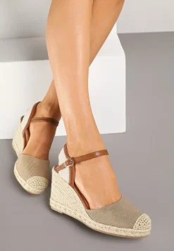 Ciemnobeżowe Sandały Vices w Stylu Espadryli na Koturnie z Plecionki Amoiella