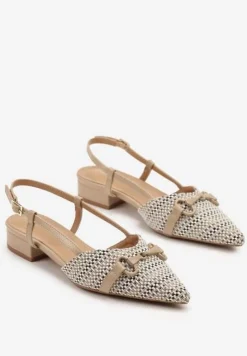 Ciemnobeżowe Sandały Vices Slingback Ozdobione Klamrą i Plecionką Nilasiela