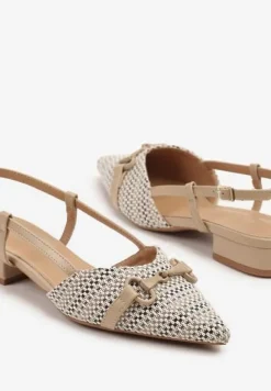 Ciemnobeżowe Sandały Vices Slingback Ozdobione Klamrą i Plecionką Nilasiela