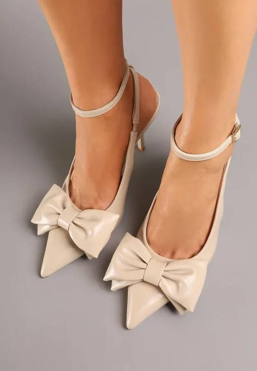 Ciemnobeżowe Sandały Vices na Szpilce Slingback Ozdobione Kokardą Tilvanea