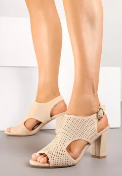 Ciemnobeżowe Sandały Vices na Słupkowym Obcasie z Ażurową Cholewką i Skórzaną Wkładką Obenea
